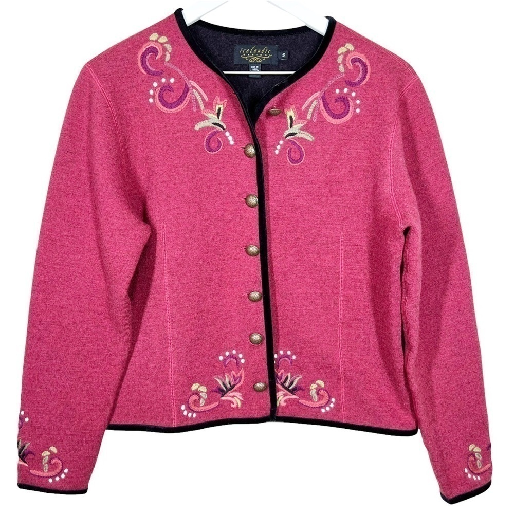 Icelandic Design 100% Wool Floral Embroidered Button Jacket Women’s Small Pink